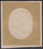 SARD210 - 1854 - III emissione c. 20 oro, prova di colore della II composizione, nuova non gommata (P37a)