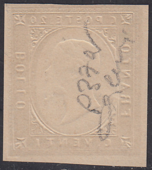 SARD210 - 1854 - III emissione c. 20 oro, prova di colore della II composizione, nuova non gommata (P37a)