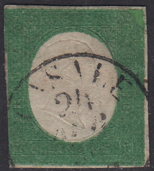 Sard214 - Regno di Sardegna 1854, III emissione c. 5 verde scuro usato con annullo di Casale (7e).