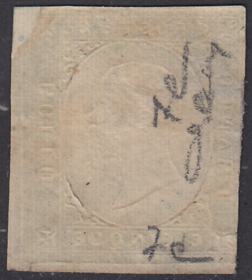 Sard214 - Regno di Sardegna 1854, III emissione c. 5 verde scuro usato con annullo di Casale (7e).