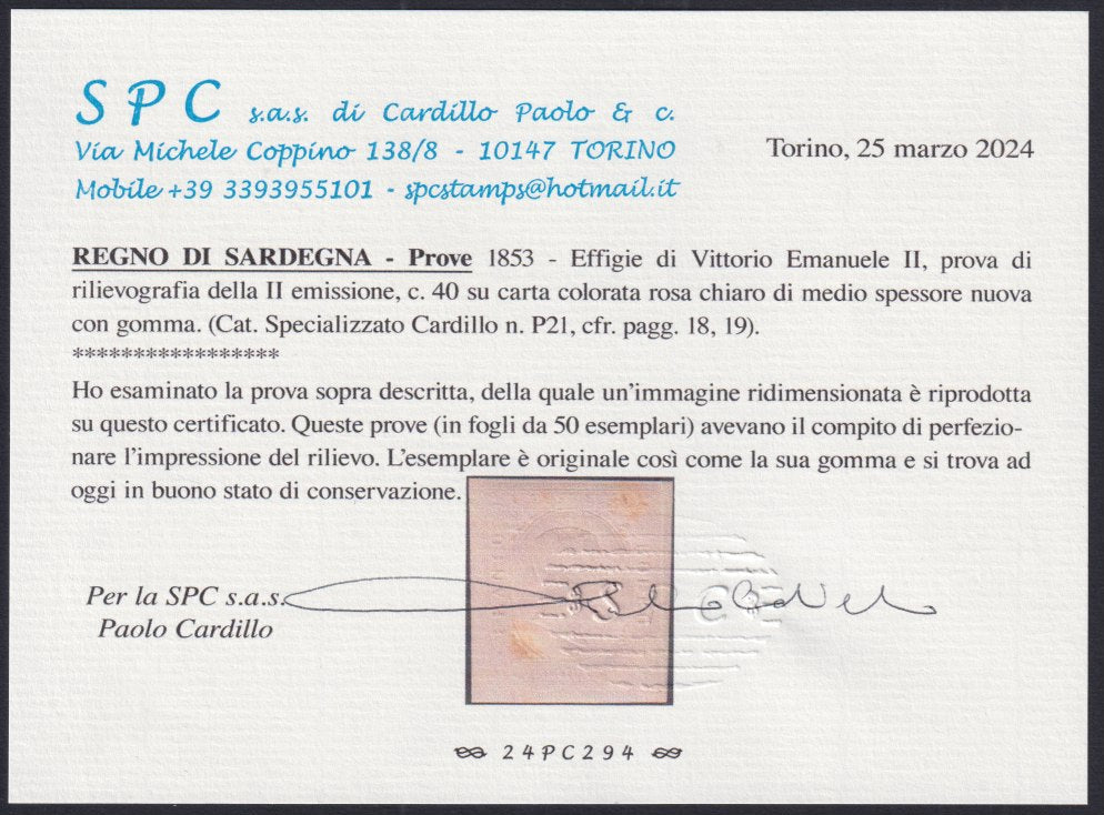 SARD216 - 1853 - Prova della II emissione c.40 rosa chiaro su carta spessa nuova con gomma (P21)