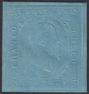 SARD217 - 1853 - Prova della II emissione c. 20 azzurro su carta spessa nuova con gomma (P17)