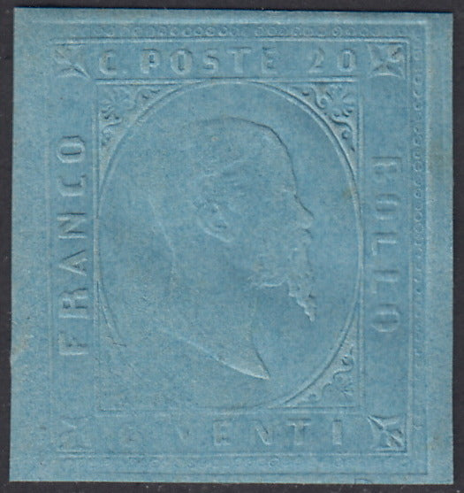 SARD217 - 1853 - Proof of the second issue c. 20 light blue on new thick paper with eraser (P17)