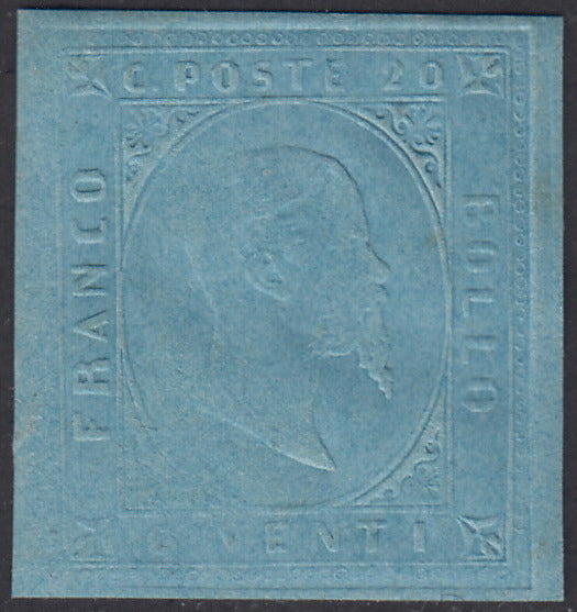 SARD217 - 1853 - Proof of the second issue c. 20 light blue on new thick paper with eraser (P17)