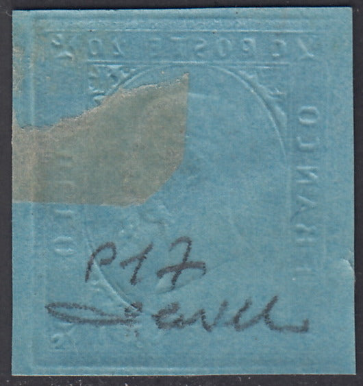 SARD217 - 1853 - Proof of the second issue c. 20 light blue on new thick paper with eraser (P17)