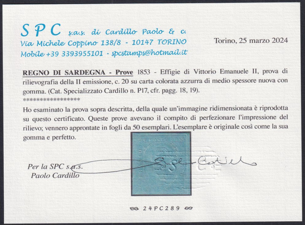 SARD217 - 1853 - Proof of the second issue c. 20 light blue on new thick paper with eraser (P17)