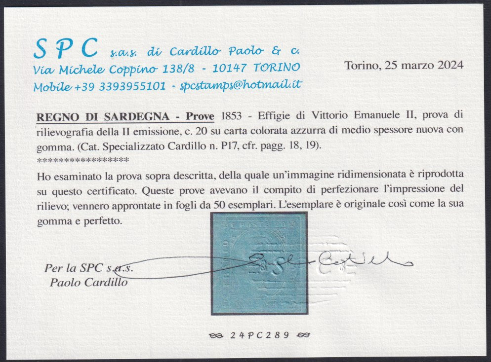 SARD217 - 1853 - Prova della II emissione c. 20 azzurro su carta spessa nuova con gomma (P17)