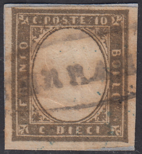 Sard267 - 1862 - IV emissione c. 10 grigio olivastro scuro I tavola usato TERRANOVA (14Ca, p.ti 13)