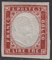 Sard292 - 1861 - IV emissione L. 3 rosso, prova di colore nuova con gomma originale e con effigie sovrana (18, Prova)