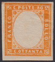 Sard295 - 1862 - IV emissione c. 80 arancio carico nuovo con gomma integra (17D, varietà)