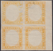 Sard299 - 1859 - IV emissione c. 80 giallo limone, blocco di 4 esemplari (prova di colore) nuova non gommata e priva dell'effigie sovrana (17c, prova)