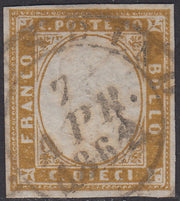 Sard315 - 1862 - IV emissione c. 10 bistro giallastro II tavola usato, bellissima gradazione di colore (14Dca)