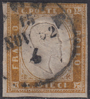Sard316 - 1862 - IV emissione c. 10 bistro giallastro II tavola usato, bellissima gradazione di colore (14Dca)