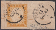 Sard317 - 1862 - IV emissione c. 10 giallo ocra II tavola usato su frammento, gradazione di colore molto bella (14Dd)