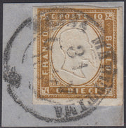 Sard327 - 1862 - IV issue c. 10 brown-bistre, second plate, used on fragment "Massa Marittima" (14Co)