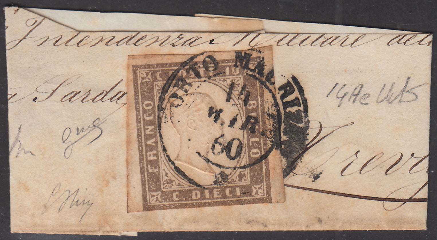 Sard369 - 1859 - IV emissione c. 10 grigio brunastro (Seppia grig.) I tavola usato su frammento (14Ae)