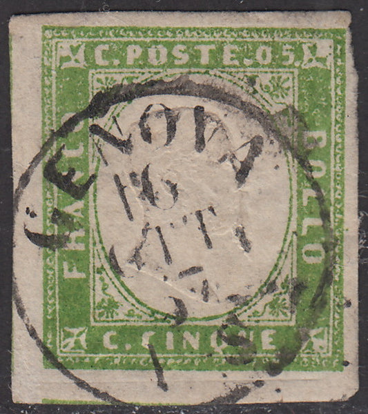 Sard383 - 1857 - IV issue c. 5 green light yellow I composition used (13Af)
