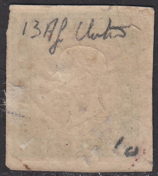 Sard383 - 1857 - IV issue c. 5 green light yellow I composition used (13Af)