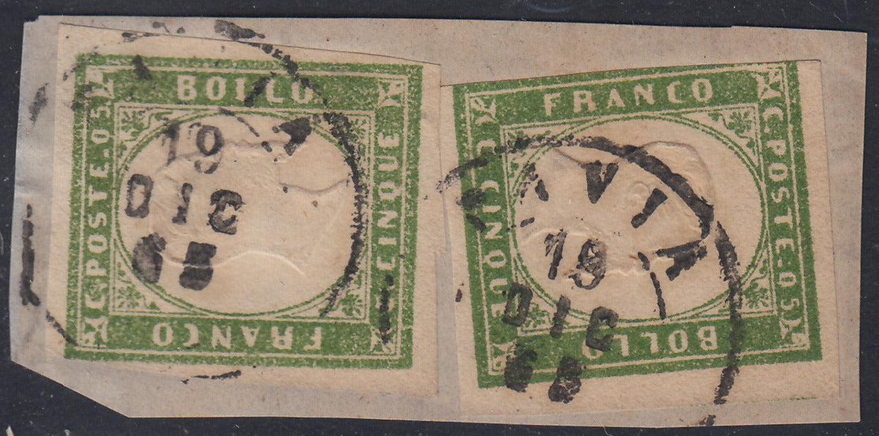 Sard400 - 1863 - IV emissione c. 5 verde chiaro smorto due esemplari usati su frammento PAVIA 19/12/63, ultimo mese d'uso (13Eb)