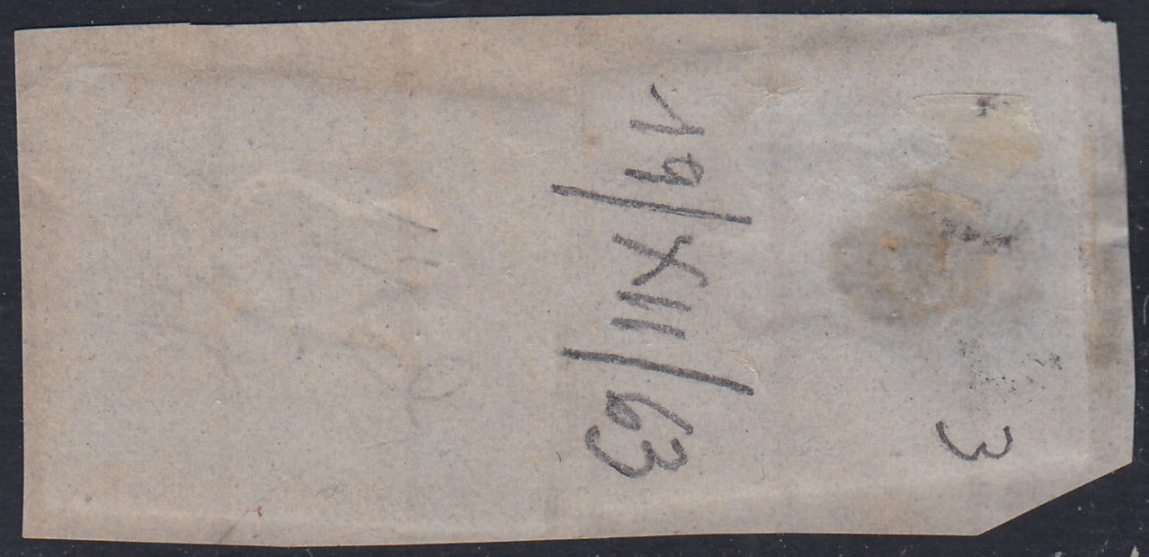 Sard400 - 1863 - IV emissione c. 5 verde chiaro smorto due esemplari usati su frammento PAVIA 19/12/63, ultimo mese d'uso (13Eb)