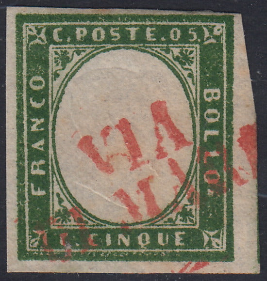 Sard401 - 1863 - IV emissione c. 5 verde cupo IV composizione usato VIA DI MARE in rosso (13E, p.ti 8)