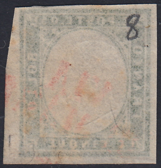 Sard401 - 1863 - IV emissione c. 5 verde cupo IV composizione usato VIA DI MARE in rosso (13E, p.ti 8)
