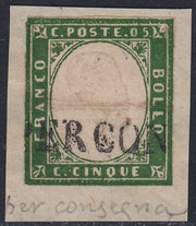 Sard403 - 1863 - IV emissione c. 5 verde cupo IV composizione usato PER CONSEGNA (13E, p.ti 12)