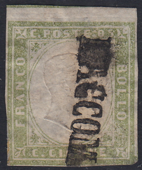 Sard404 - 1859 - IV emissione c. 5 verde oliva grigiastro chiaro III composizione usato RACCOMANDATA (13Bd, p.ti 12)