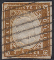 Sard418 - 1862 - IV emissione c. 10 bistro oliva scuro II tavola usato su frammento (14Da)