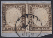 Sard426 - 1860 - IV emissione c. 10 nero grigiastro I tavola due esemplari usati su frammento (14Bc)