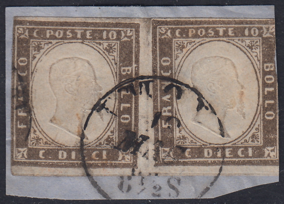 Sard426 - 1860 - IV emissione c. 10 nero grigiastro I tavola due esemplari usati su frammento (14Bc)