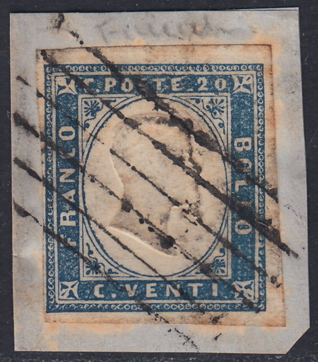 Sard432 - 1861 - IV emissione c. 20 azzurro oltremare chiaro II tavola usato su frammento con un muto a sei sbarre sottili (15Dc)