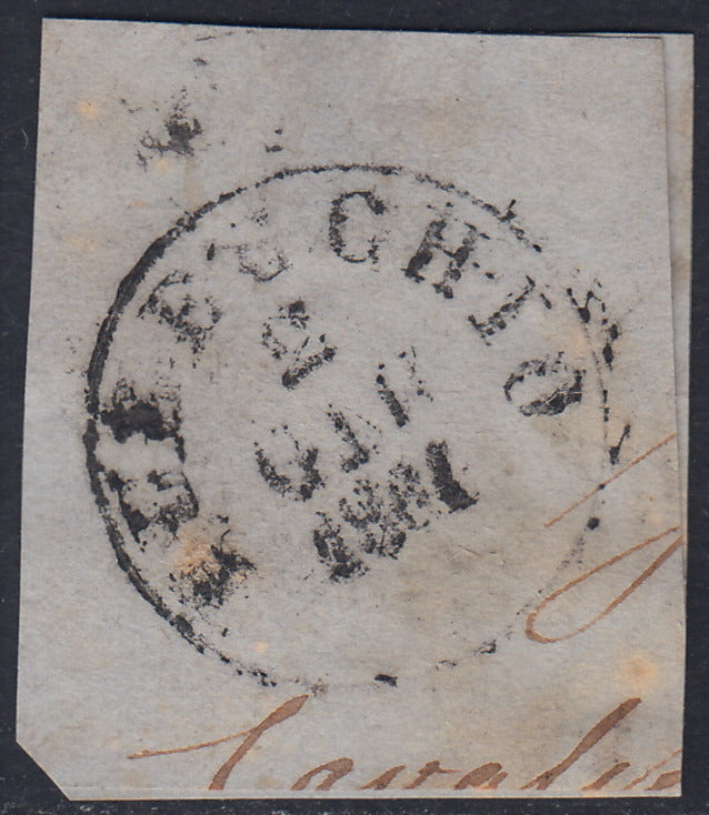 Sard432 - 1861 - IV emissione c. 20 azzurro oltremare chiaro II tavola usato su frammento con un muto a sei sbarre sottili (15Dc)