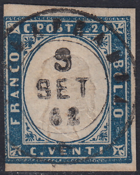 Sard437 - 1861 - IV emissione c. 20 celeste scuro II tavola usato VILLAFRANCA (15Da, p.ti 13)