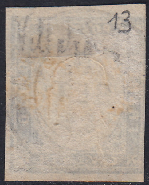 Sard437 - 1861 - IV emissione c. 20 celeste scuro II tavola usato VILLAFRANCA (15Da, p.ti 13)