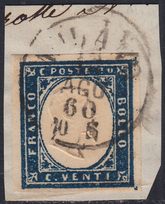 Sard442 - 1860 - IV emissione c. 20 azzurro I tavola usato su frammento (15Ca)
