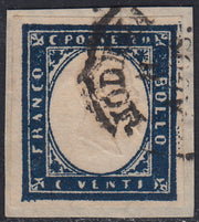 Sard445 - 1860 - IV emissione c. 20 azzurro scurissimo I tavola usato su frmamento MODENA (15C)
