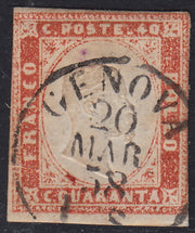 Sard464 - 1858- IV emissione c. 40 vermiglio arancio usato Genova 20 MAR 58 (16Ab)