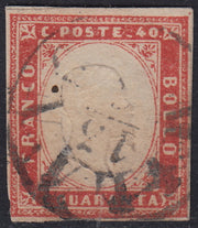 Sard466 - 1859 - IV emissione c. 40 rosso scarlatto usato con C1 di MILANO (16A)
