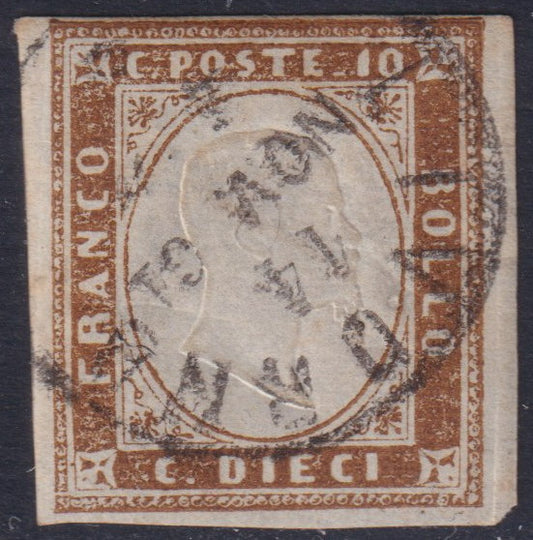 SARD506 1861 - Sardinia IV issue c. 10 brown chocolate II table used Livorno (14Ck)