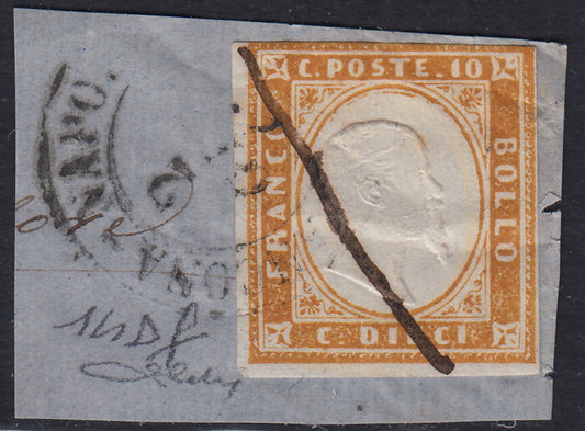 Sard511 - 1862 - Sardinia IV issue c. 10 orange bistro II table used with street vendor Ancona - Naples - Postal Steamers (14Df, points 13)