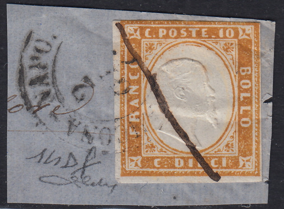 Sard511 - 1862 - Sardegna IV emissione c. 10 bistro arancio II tavola usato con ambulante Ancona - Napoli - Piroscafi Postali (14Df, punti 13)
