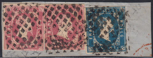 Sard513 - 1851 - Effigy of Vittorio Emanuele II facing right, 1st issue c. 20 dark light blue + c. 40 lilac pink two copies on fragment (2h + 3d)