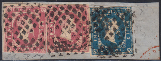 Sard513 - 1851 - Effigie di Vittorio Emanuele II volta a destra, I emissione c. 20 celeste scuro + c. 40 rosa lilla due esemplari su frammento  (2h + 3d)