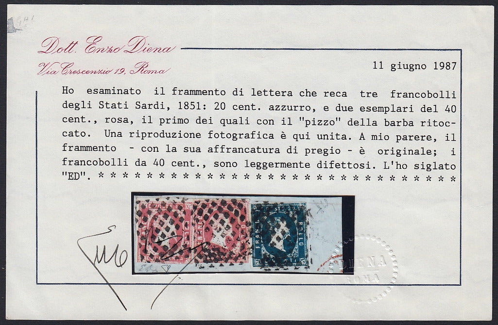 Sard513 - 1851 - Effigie di Vittorio Emanuele II volta a destra, I emissione c. 20 celeste scuro + c. 40 rosa lilla due esemplari su frammento  (2h + 3d)