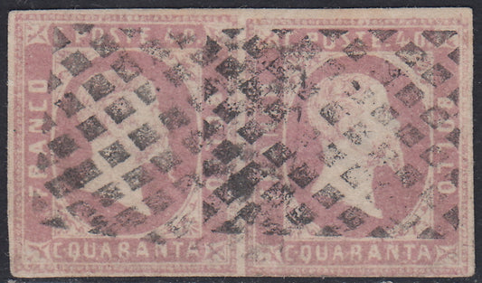 Sard516 - 1851 - Effigie di Vittorio Emanuele II volta a destra, I emissione c. 40 rosa lilla coppia orizzontale usata (3d)