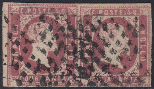 Sard517 - 1851 - Effigie di Vittorio Emanuele II volta a destra, I emissione c. 40 lilla rosa coppia orizzontale usata (3c)