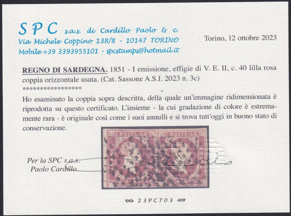 Sard517 - 1851 - I emissione c. 40 lilla rosa coppia orizzontale usata (3c)