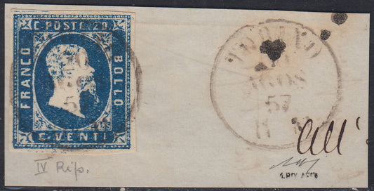 1851 - Efigie de Vittorio Emanuele II mirando hacia la derecha, primera edición c. 20 azul claro usado a finales del 20/8/57 (2, puntos R2)