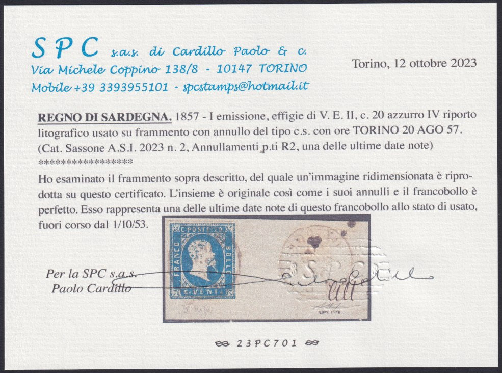 1851 - Effigie di Vittorio Emanuele II volta a destra, I emissione c. 20 azzurro usato tardivamente 20/8/57 (2, punti R2)